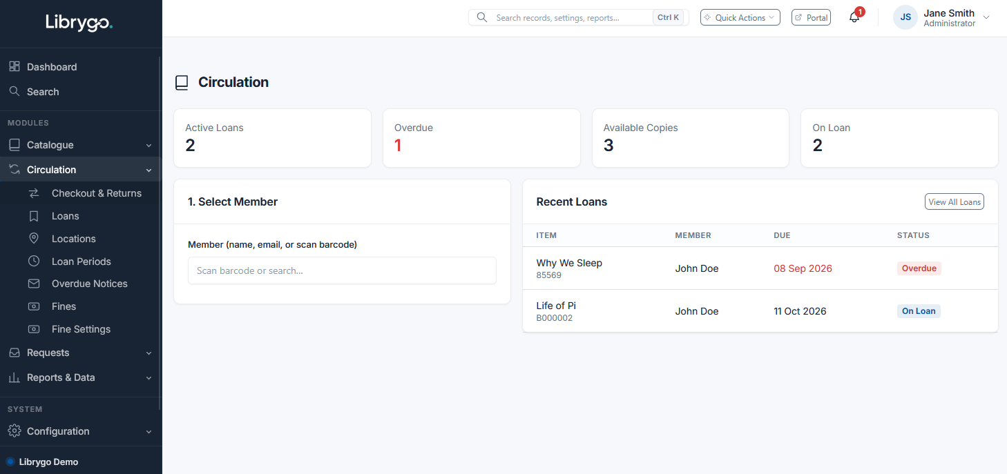 Librygo circulation screen showing active loans, overdue items, and recent loan activity