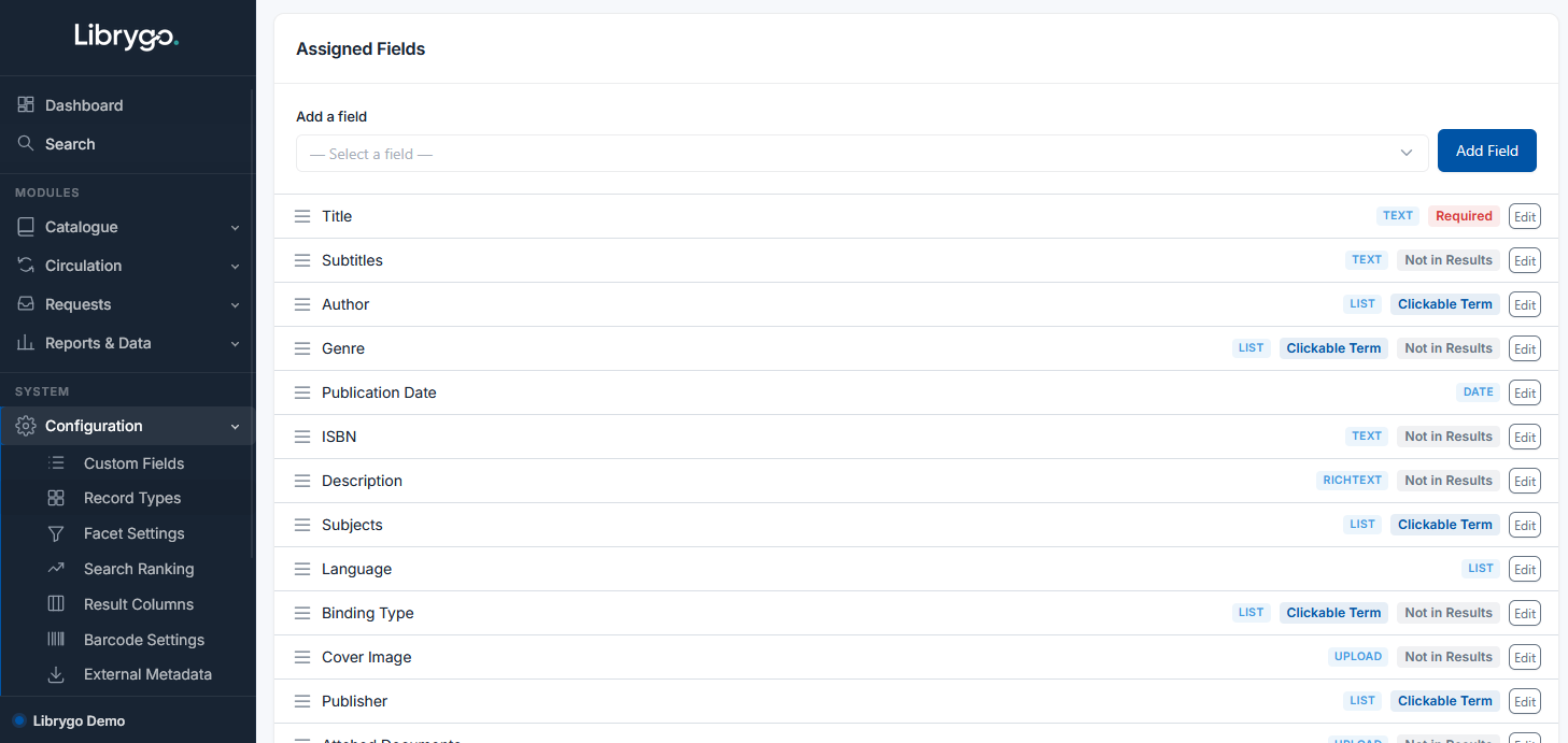Librygo custom fields configuration screen listing fields like Title, Author, Genre and Publication Date with their types