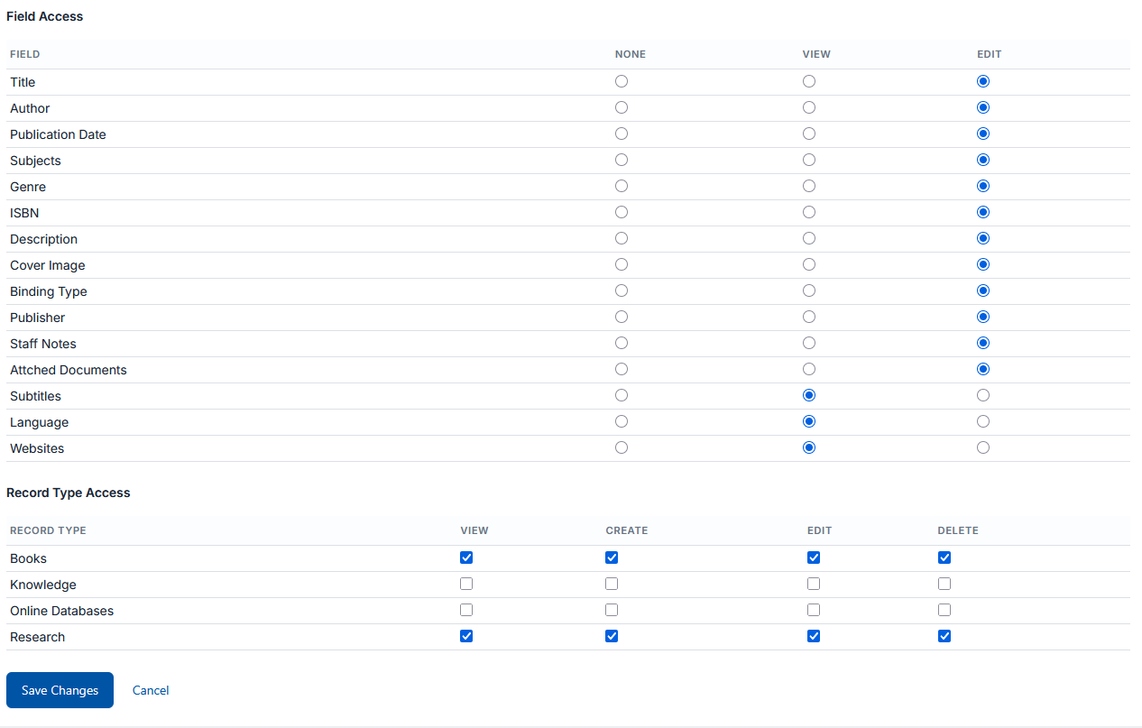 Librygo roles and permissions screen with field-level access and record type access matrices