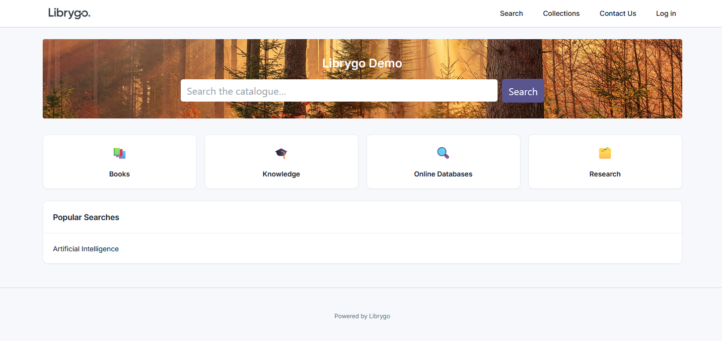 Librygo public search portal homepage with custom branding, hero banner, and category browsing
