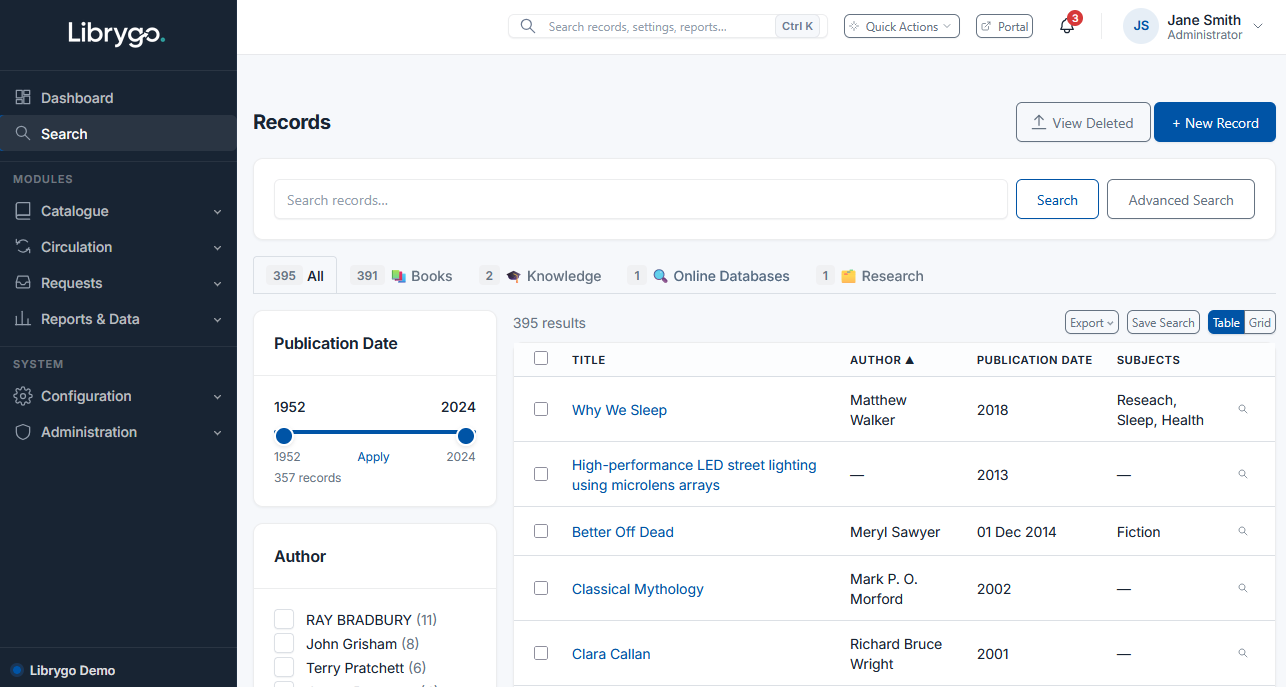 Librygo staff search screen showing record results with facets, custom subject fields, and relevance ranking